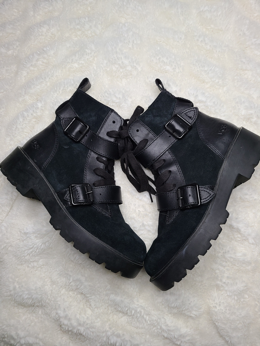 UGG Black Lace-Up Combat Ankle Boots with Dual Buckles Size 10